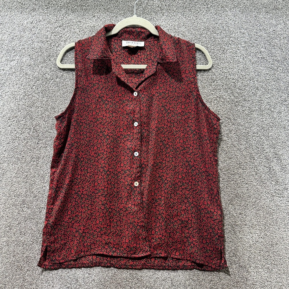 VTG‎ Truffles Blouse Top Women Medium Red Floral Sleeveless Button Up USA Made